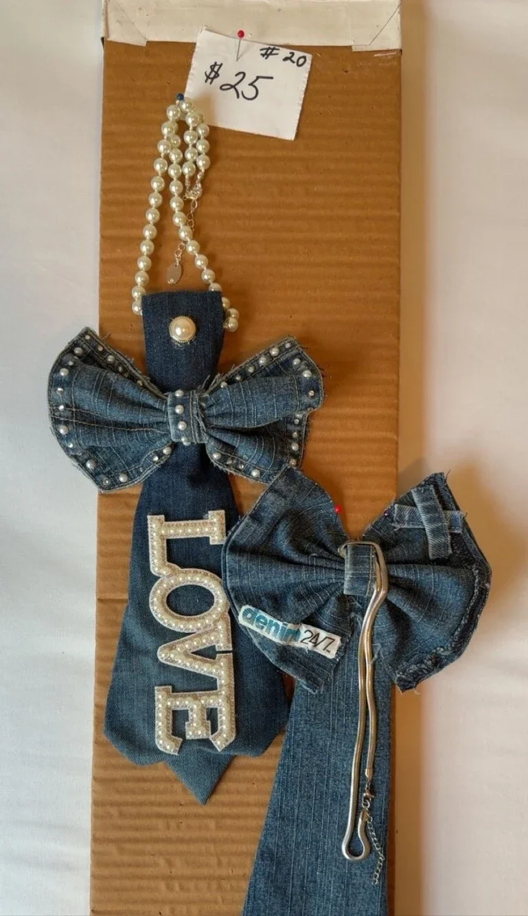 Denim 24/7 Pearl-Accent Denim Bow Necklace with LOVE Pendant